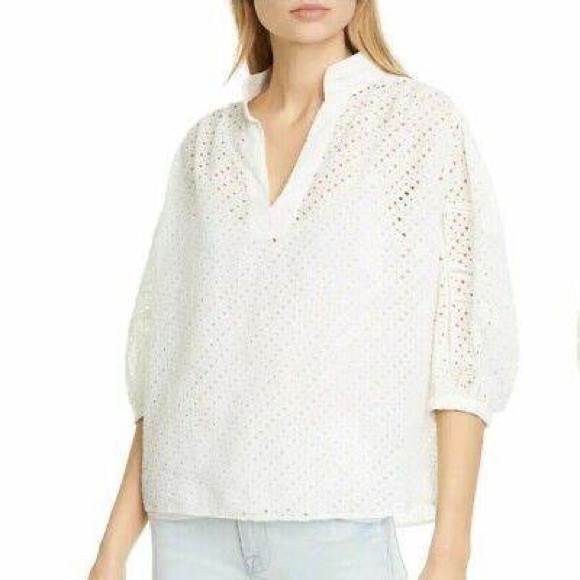 FRAME Cali Puff Sleeve Eyelet Peasant Top XS - Picture 1 of 4
